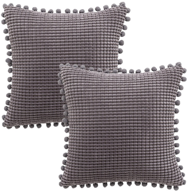 Pom-poms Cotton Blend Reversible Pillow Cover, Grey