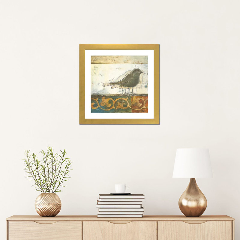 « Birds on damask II » par Patricia Pinto-impression, Papier encadré doré, Blanc, H 16 po x l 16 po x P 1 po