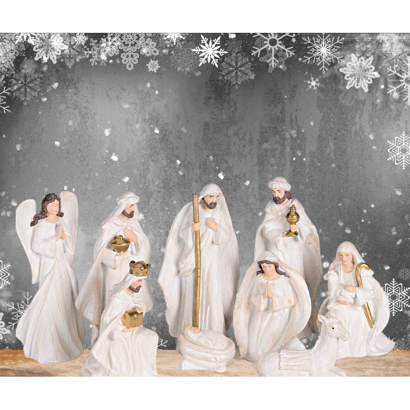 Crèche de Noël 9 pièces aspect bois blanc 7H