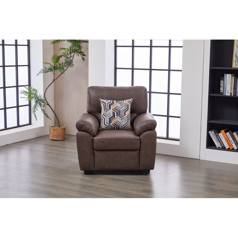 Chaise d'appoint moderne en similicuir beige avec coussin décoratif, coussins moelleux et accoudoirs coussinés, Brown