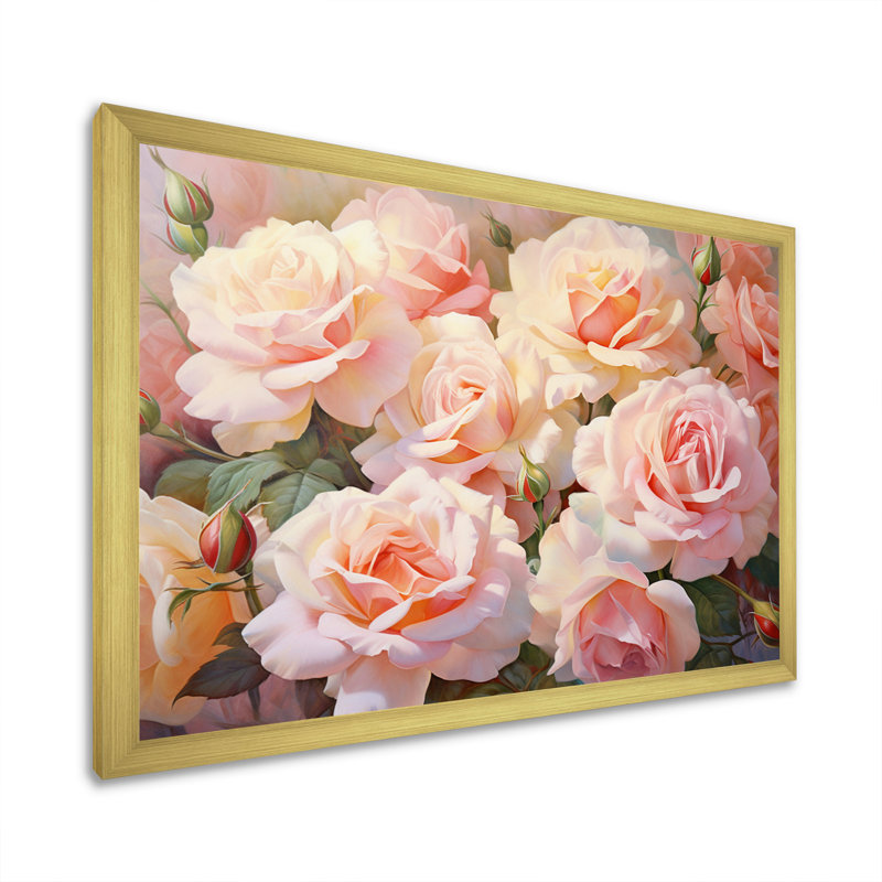Roses roses, impression romantique, H 16 po x l 32 po x P 1 po, Cadre doré simple