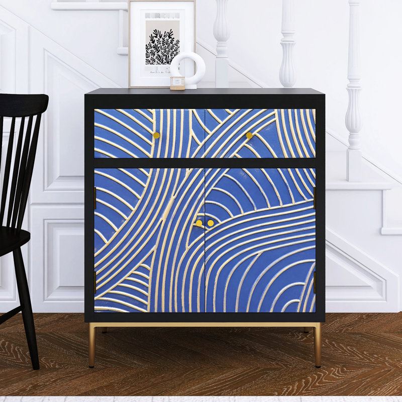 Armoire décorative en noir et bleu - 2 portes, 1 tiroir, tablette réglable pour salle de bain avec tiroir