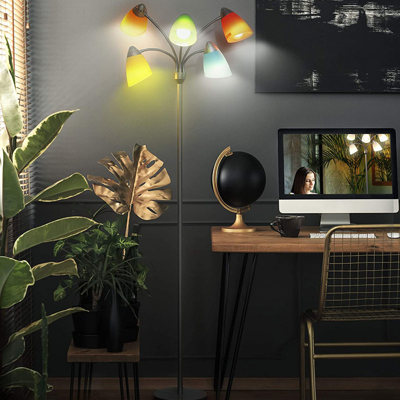 Medusa 74 in. Modern 5-Light Height Adjustable Gooseneck LED Floor Lamp with 5 Cone Shades