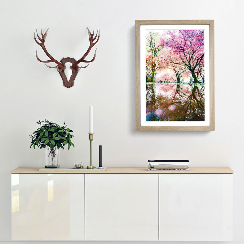 Reflection of the Pink Blossom Trees - Picture Frame Painting Print, 36cm H x 27cm W x 2cm D, Oak Framed