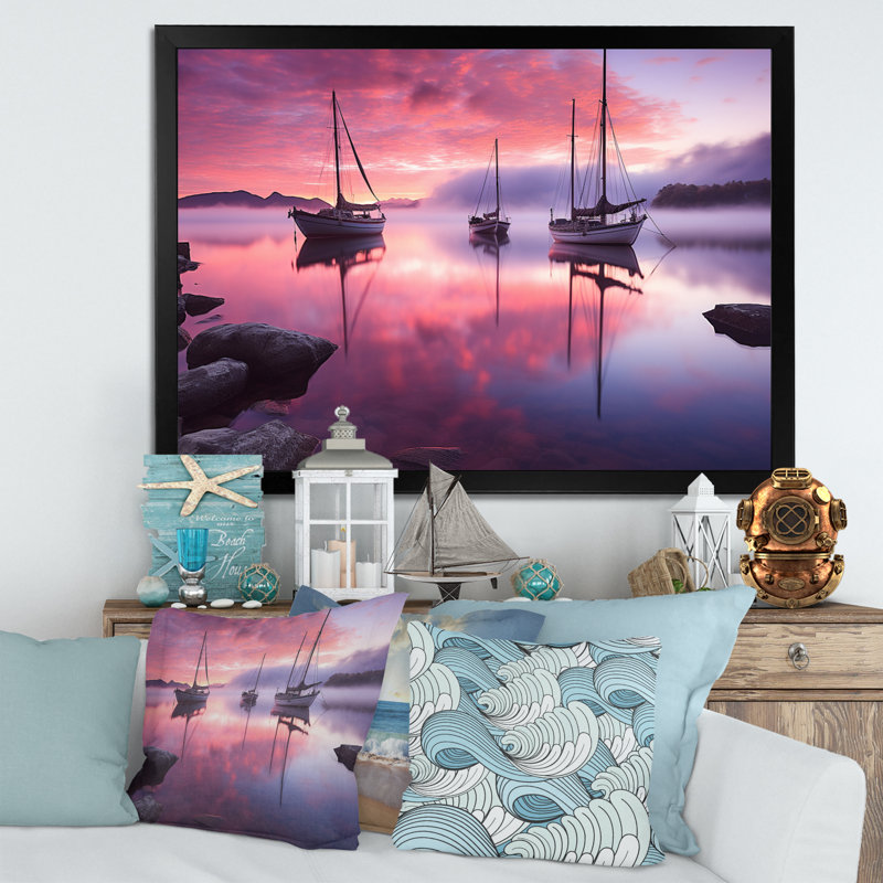 Voilier blanc, rose, coucher de soleil bleu, réflexion sur toile encadrée, H 30 po x l 40 po x P 1,5 po