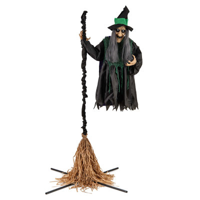 Witch On Broom Halloween Animatronic Life Size Halloween Prop With Led Lights Laughing And Screaming