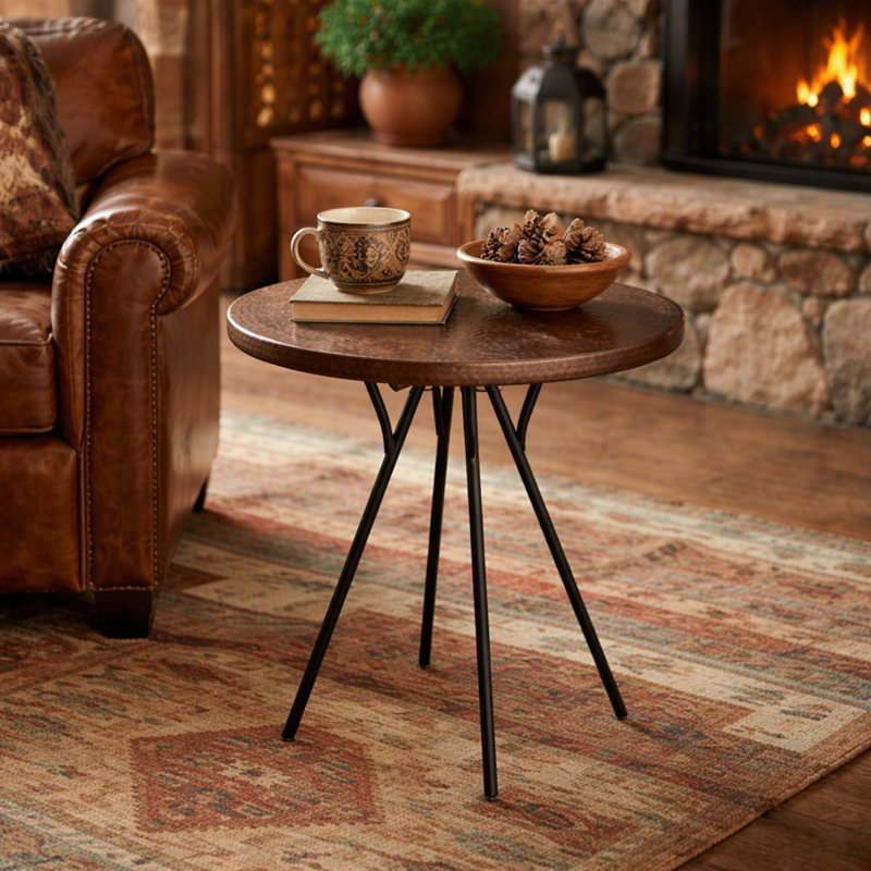 Table d'appoint ronde en cuivre et fer brun foncé