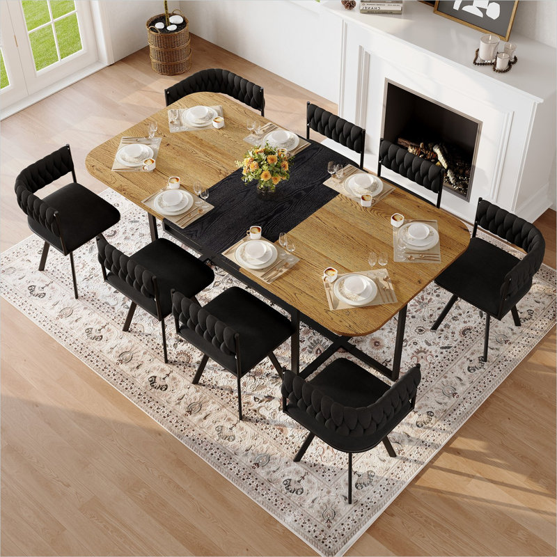 Ensemble de salle à manger 9 pièces 9 pièces avec table en panneau de fibres à densité moyenne bicolore et 8 chaises en velours noir de jais, idéal pour les cuisines familiales