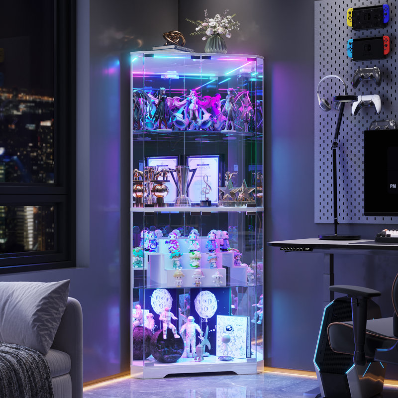 4-Tier Corner Display Cabinet with RGB Light Modes and Motion Sensor, White