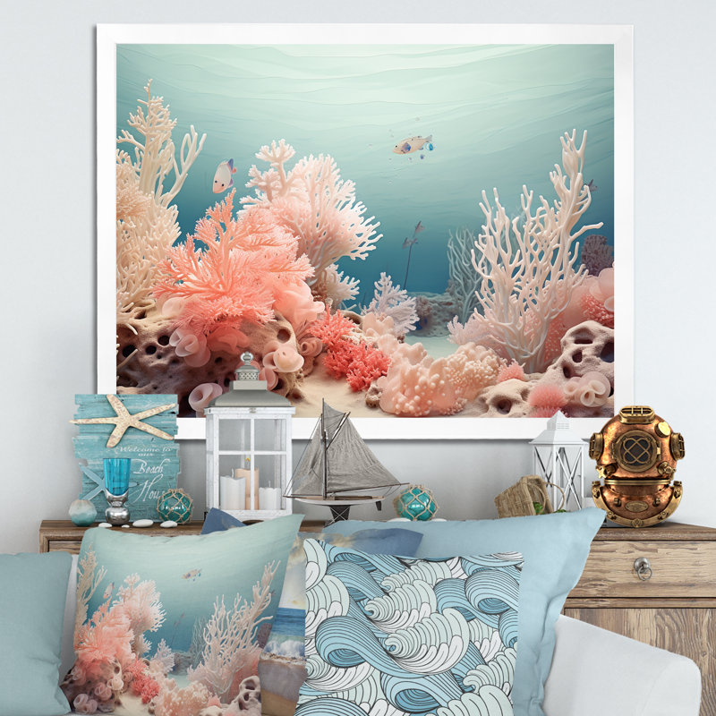 Coral Reef - rose et bleu - impressions sur toile, plage et océan, Cadre photo noir, H 34 po x l 44 po