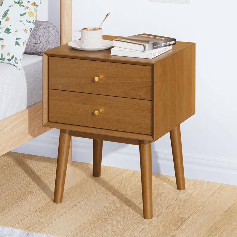 Table de chevet moderne Mid-Century avec 2 tiroirs, table de bout en bois massif, quincaillerie laiton rétro, Brun
