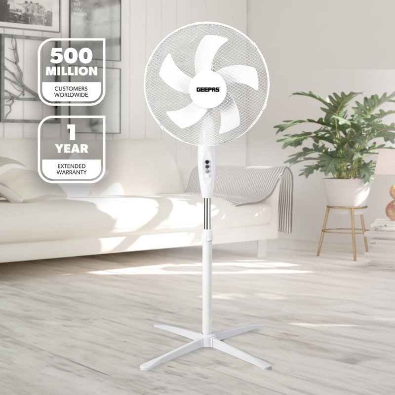 GEEPAS 16” Pedestal Free Standing Cooling Fan | 3 Speed 5 Blades Wide Angled Oscillation | Pivoting Head & Adjustable Height | Powerful Airflow Floor Fan | Home Office Use, White 45W Pack Of 2