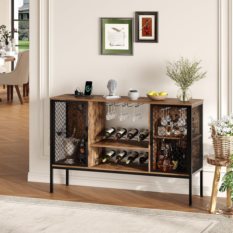 47" Industrial Coffee Bar Cabinet with LED Lights, Power Outlets & Glass Storage, Rustic Brown