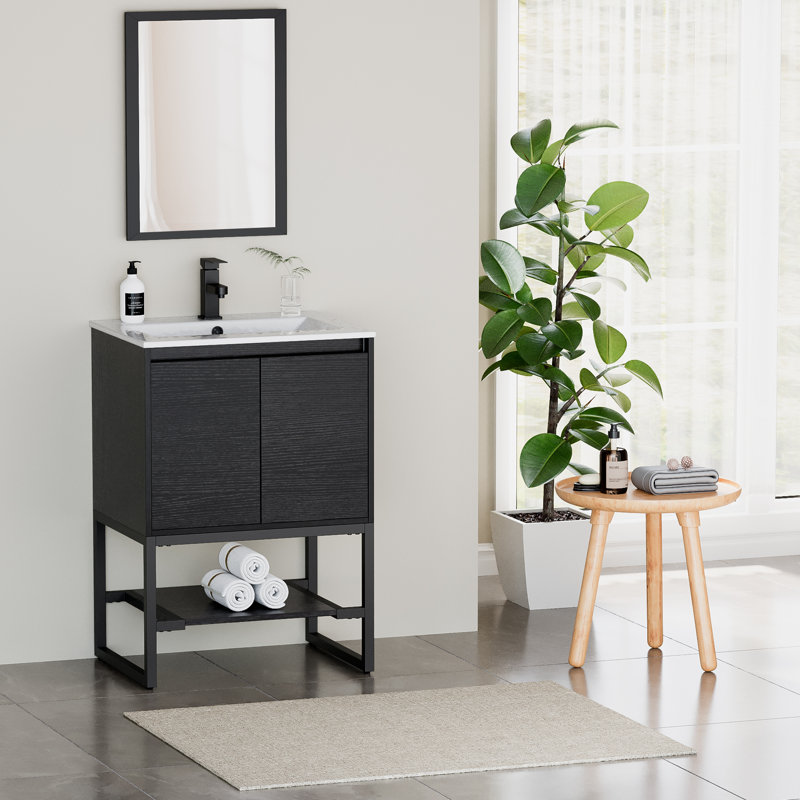 Ensemble de meuble-lavabo simple 24 po avec plateau en céramique Azai, tablette ouverte, structure en métal Azai, Black