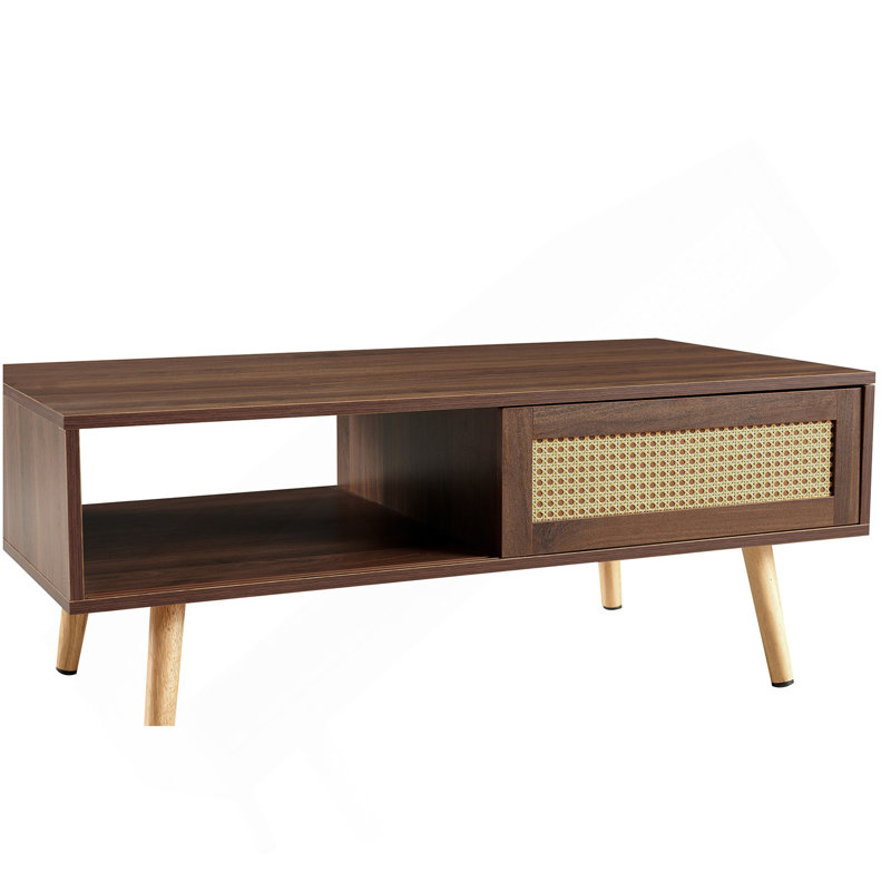 Table basse en rotin PE, porte coulissante pour le rangement, pieds en bois, table moderne pour le salon, couleur noyer