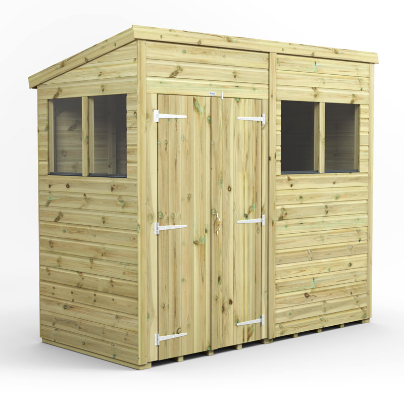 Powersheds 8 x 4ft Premium Pressure Treated Timber Pent Garden Shed, Double Doors