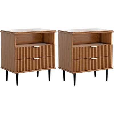 Nightstand Set Of 2 With Charging Station, Wide Fluted Bedside Table With Storage Drawers, Metal Handles & Legs, Walnut