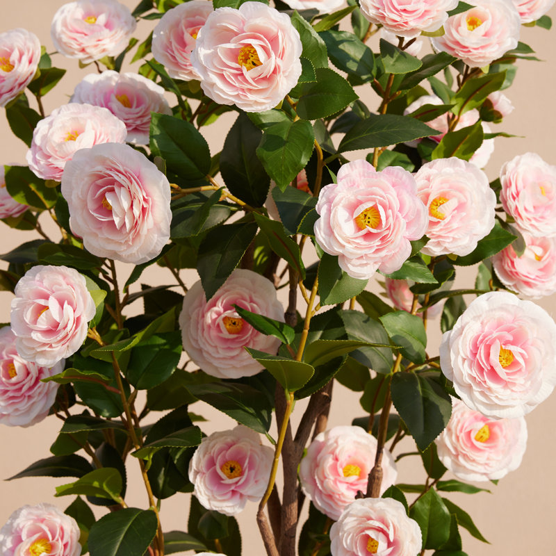 Arbre de camélia artificiel 3 pi résistant aux UV Camellia artificiel rose en pot noir, H 36 po x l 24 po x P 24 po, Rose