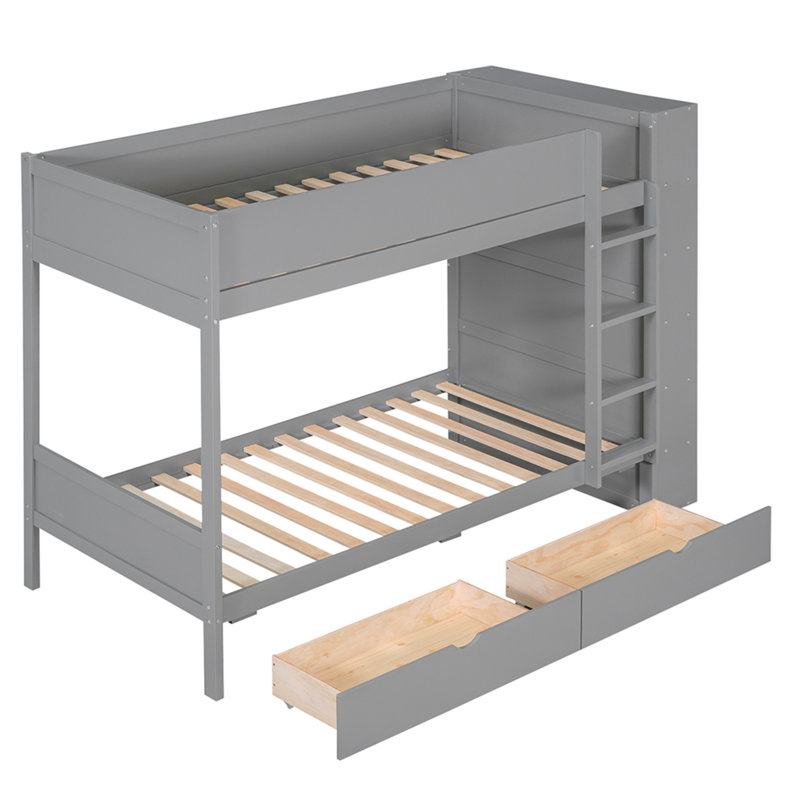 Lit superposé simple au-dessus de simple avec 2 tiroirs et armoire à couches multiples, gris, Gris