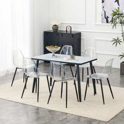 Modern Dining Table and Chair Set with Imitation Marble Texture and Transparent Seating