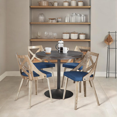 Ensemble de salle à manger 5 pièces pour coin-repas ou coin-repas, base en métal avec plateau en bambou brun et chaises en tissu bleu foncé, sièges de table de 36 pouces 4