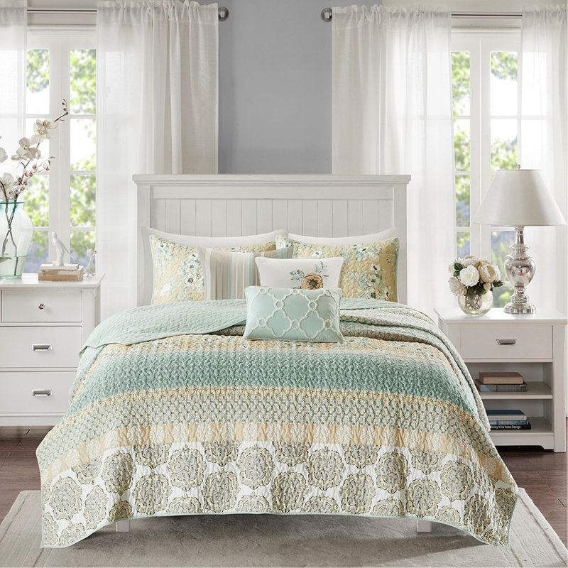 Ensemble de courtepointe en coton 6 pièces avec coussins décoratifs vert double / grand