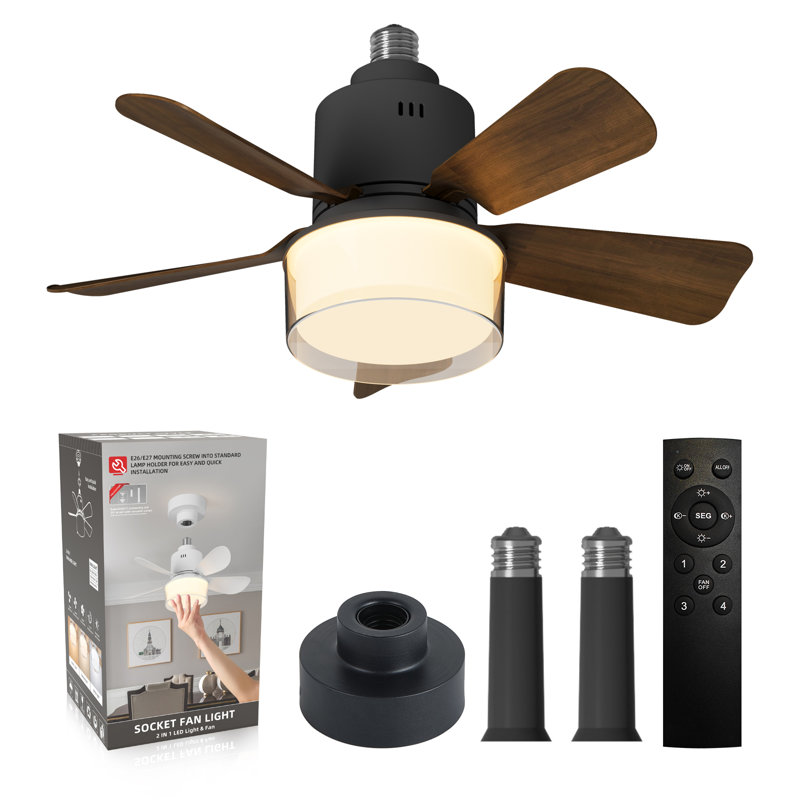 Socket Fan Light with Remote, Small Ceiling Fan with Lights, 1000LM Dimmable Light Bulb Fan with 3000K-6000K Selectable, 4 Speeds Socket Light Fans, E26 Base Screw in Fans for Bedroom, Kitchen, 17.7’’