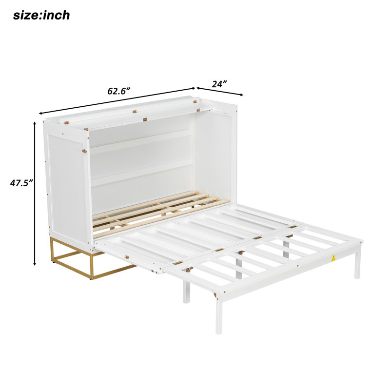 Grand lit escamotable, meuble-lit style Shaker avec pieds en métal, peu encombrant, design moderne, blanc, White