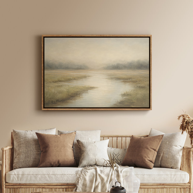 Tableau encadré sur toile - Paysage de marais brumeux avec doux reflets d'eau - 61 x 91 cm, H 24 po x l 36 po, Naturel