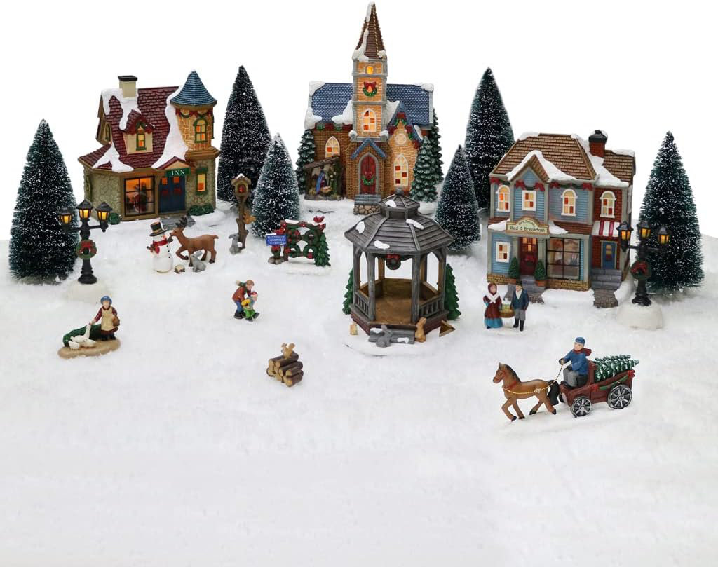 20 pc Christmas Village Set - LED Lights - Battery Operated - Hand-Painted Resin Polyresin Moments in Time