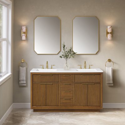 OVE Decors Xander Meuble-lavabo double autoportant en noyer chaud avec plateau en pierre d'ingénierie blanche et quincaillerie or brossé