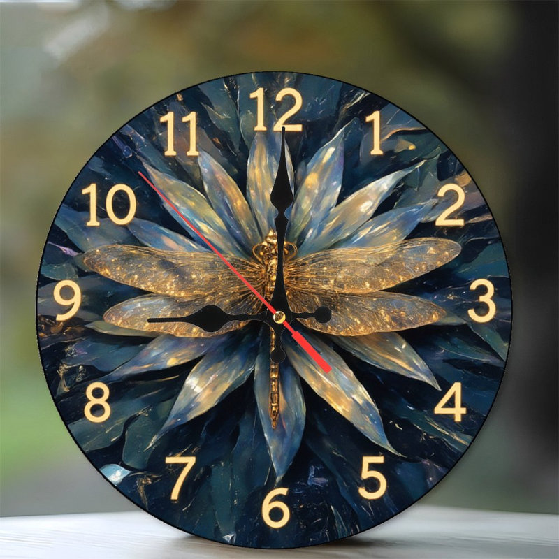 Dragonfly Clock Floral Design Blue Gold