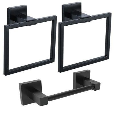 Bathroom Hardware Set 3-Pieces With Toilet Paper Holder, Towel Ring Bath Accessories Set Wall Mounted In Matte Black