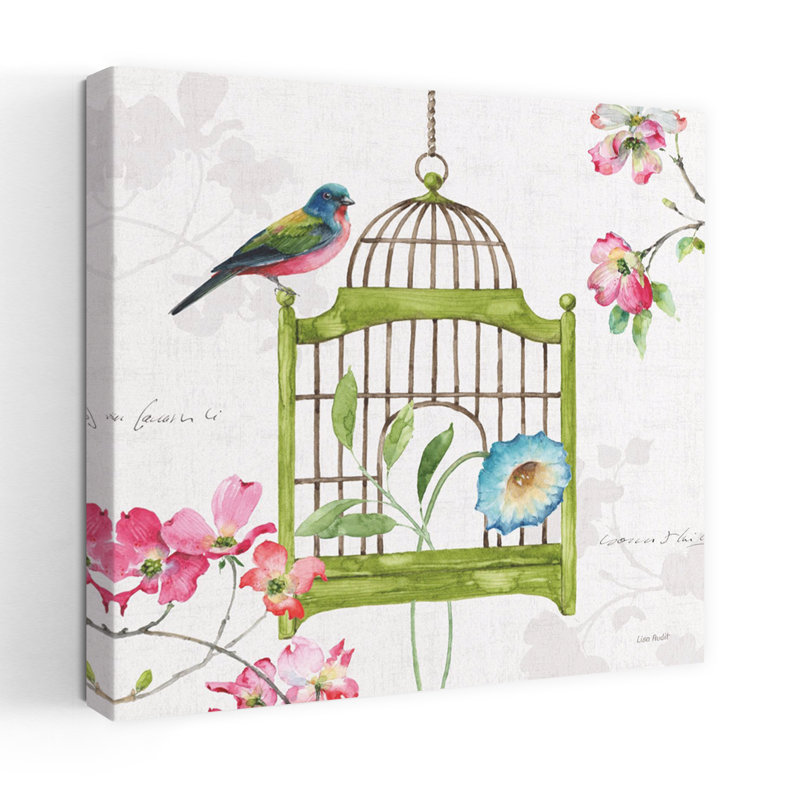 Contemporary Dogwood Garden V With Animals Birdcages Art, 18" H x 18" W