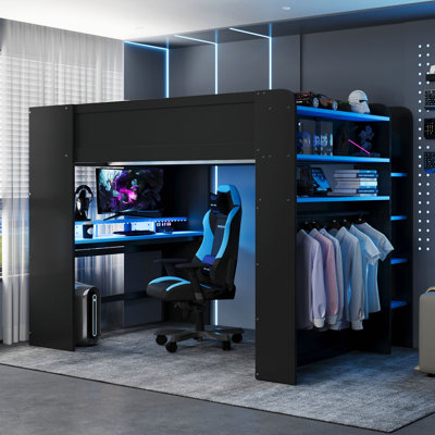 Lit superposé en bois avec bureau à hauteur réglable, garde-robe, grand espace de rangement et lumière RVB