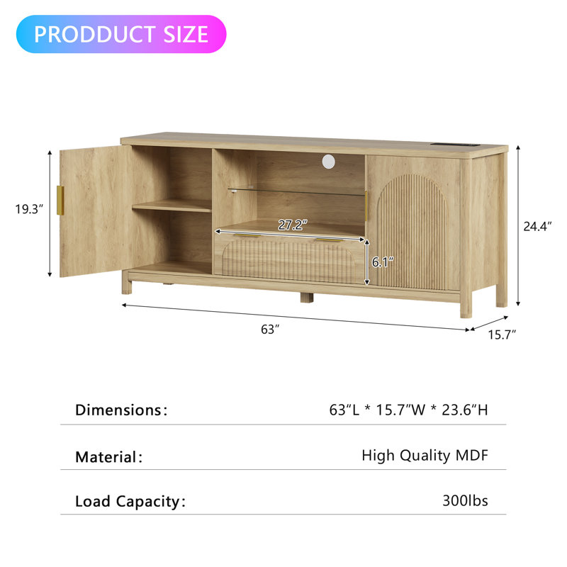 63" W Tv Stand With Motion-Activated Light And Built-In Charging Station, Oak