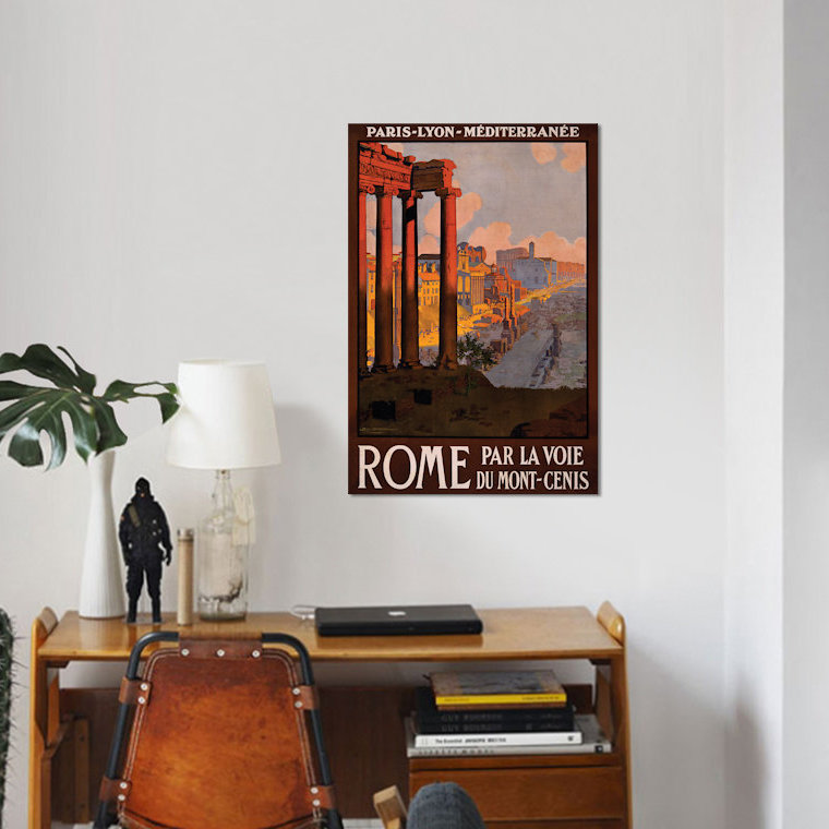 «Rome Travel Poster», reproduction d'impression sur toile, H 18 po x l 12 po x P 1,5 po, Pas de tapis, Toile tendue