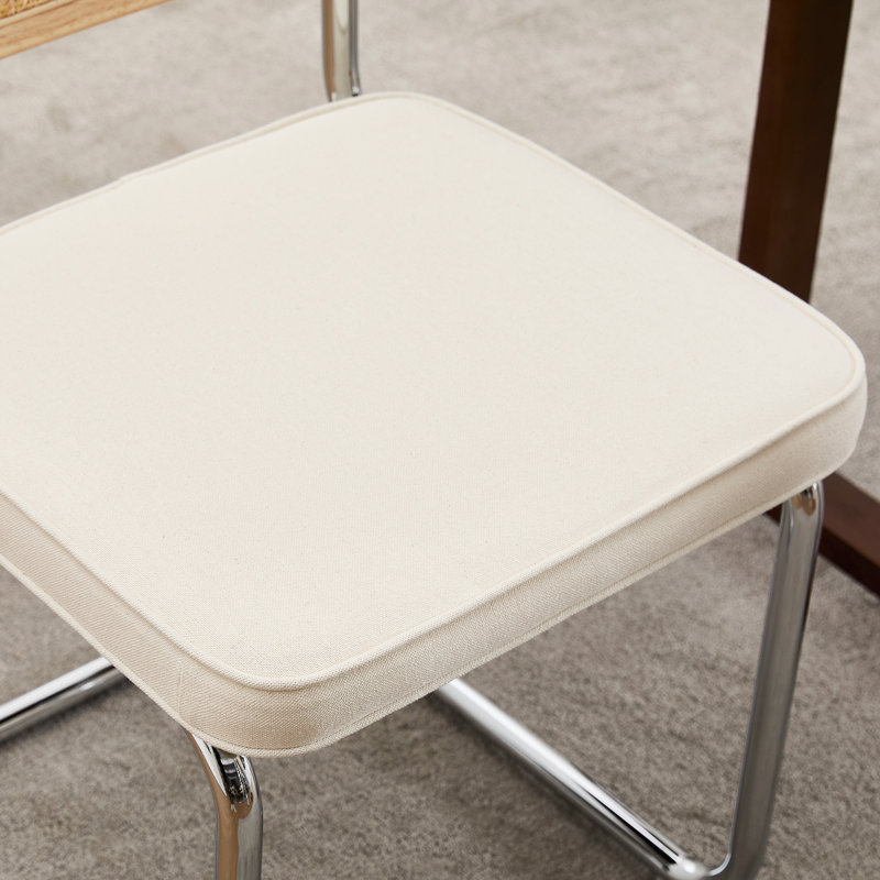 Cream White Linen Upholstered Side Chair with Chrome Legs and Cane Back