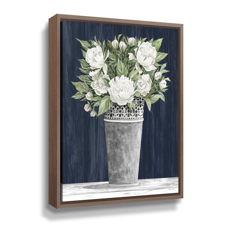 «Punched Tin White Floral» par Cindy Jacobs, reproduction d'art sur toile blanche et bleue, H 32 po x l 24 po x P 2 po