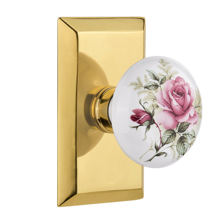 Plaque de studio avec poignée de porte en porcelaine blanche, Laiton poli
