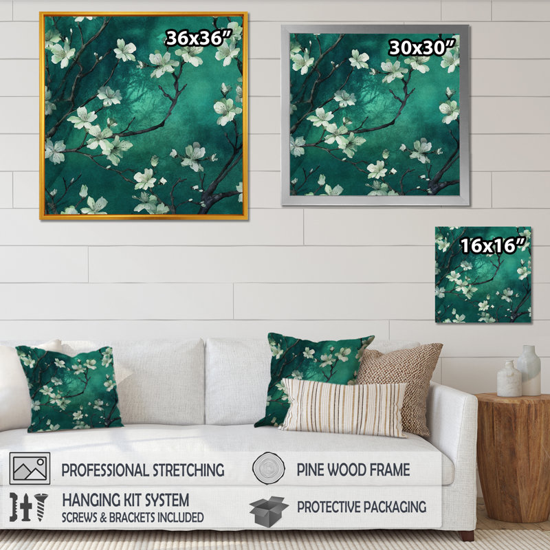 " Emerald Cherry Blossoms Symphony ", Wrapped Canvas, 24" H x 24" W x 1" D