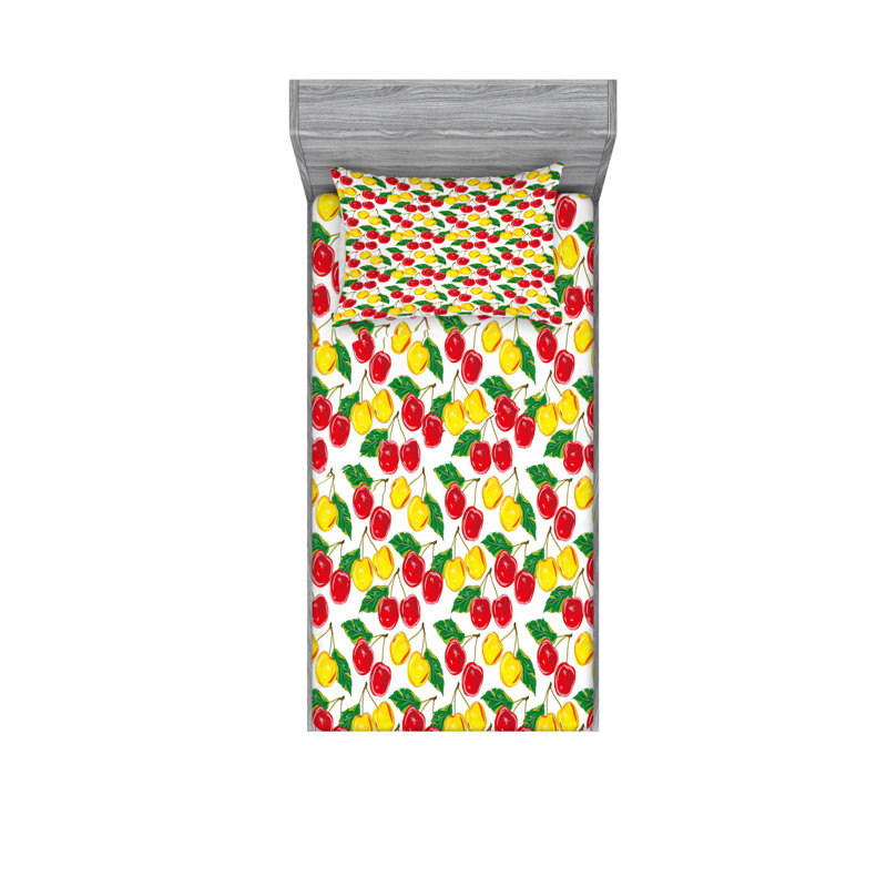 Ensemble de draps à motif cerises feuilles fraîches et juteuses, Ensemble de draps pour lit simple avec drap-housse