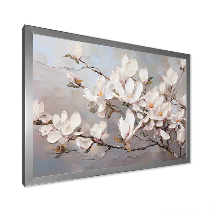 Magnolias roses I, Cadre simple argenté, H 12 po x l 20 po x P 1 po