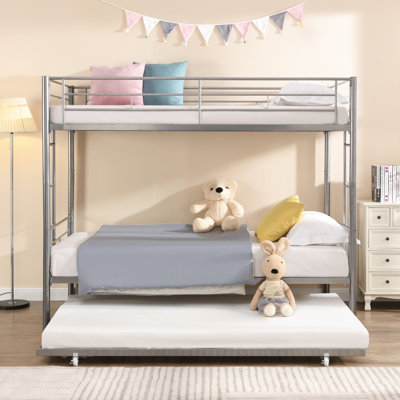 Metal Bunk Bed With Trundle In Silver - Space Saving Furniture Piece Bedroom Addition