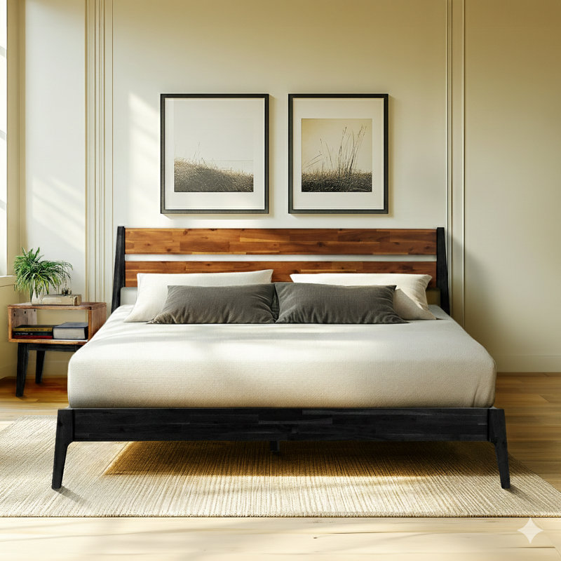 2-Pcs Bedroom Set – Solid Wood Platform Bed Frame & Matching Nightstand, Mid-Century Modern Scandinavian, 800 lbs Capacity, No Box Spring Needed