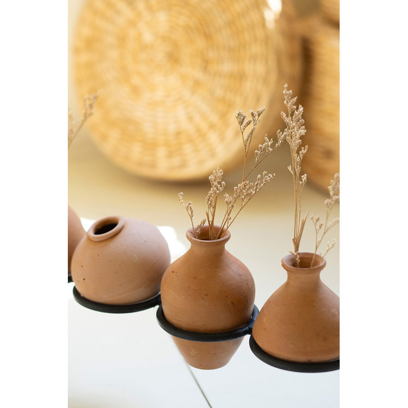  Eight Clay Vessels on Iron Base, 8" Tall, Multi-Toned Finish