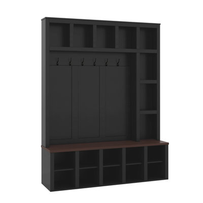 4-In-1 Hall Tree With 6 Hooks, Walnut Entryway Bench With Adjustable Shelves, Rustic Shoe Organizer With Open Compartments