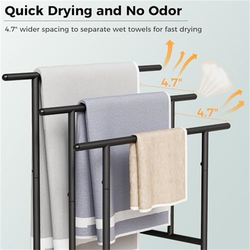 Porte-serviettes autoportant pour salle de bain, séchoir à serviettes sur 3 niveaux avec tablette de rangement | Organisateur de salle de bain robuste, porte-serviettes sur pied