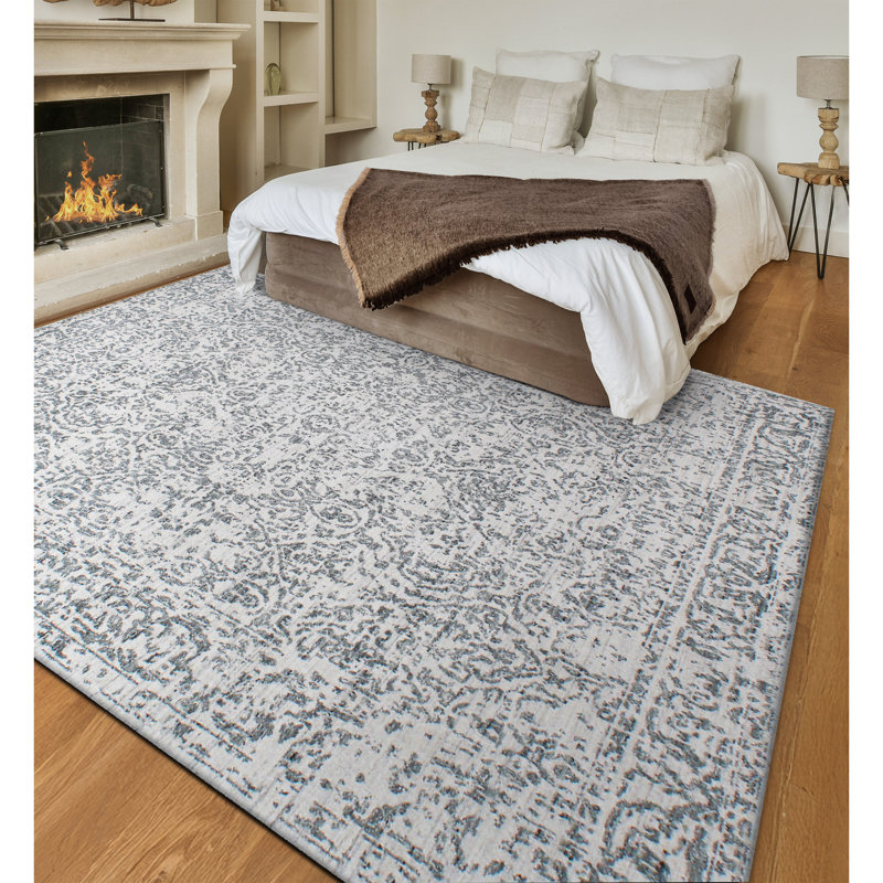 Tapis ivoire / gris noué à la main de haute qualité, Rectangle 9 pi x 12 pi