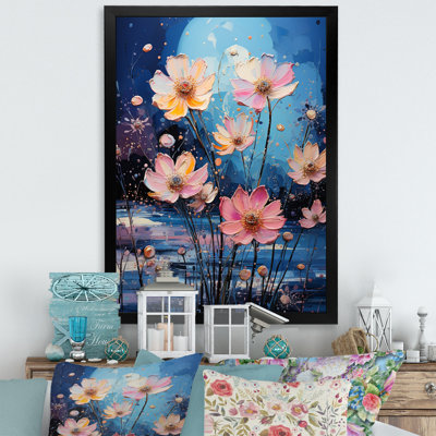 " Pink Blue Moonlit Zinnias Blooms "